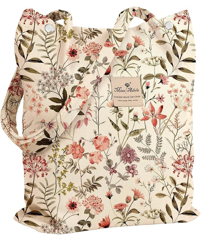 Corduroy Tote Bag for Women - Reusable Totes with Pocket & Buckle Cute Aesthetic Shoulder Bag for Work Travel