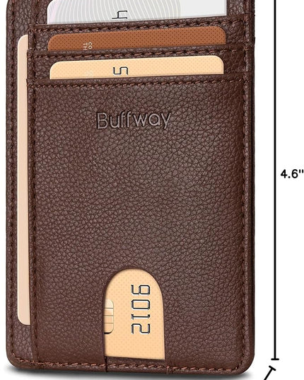 Buffway Slim Minimalist Front Pocket RFID Blocking Leather Wallets for Men and Women - Lichee Coffee
