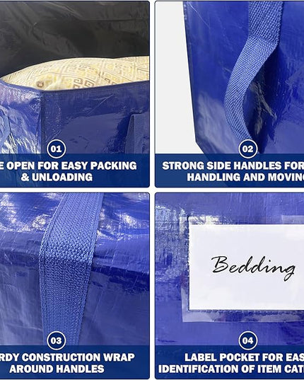 12 Pack Extra Heavy Duty Large Moving Bags with Strong Zipper & Carrying Handles, Sturdy Clothes Storage Bag Totes Bins, Packing Bags Moving Boxes College Moving Supplies, Dark Blue - 33 gal