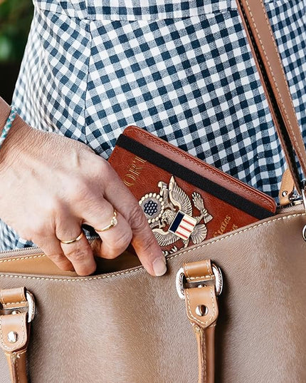 TOURSUIT RFID Blocking Passport Holder for Women Men, Leather Passport Travel Wallet with Metal 3D Metal Badge, Travel Document Holder Cover Accessories (Brown)