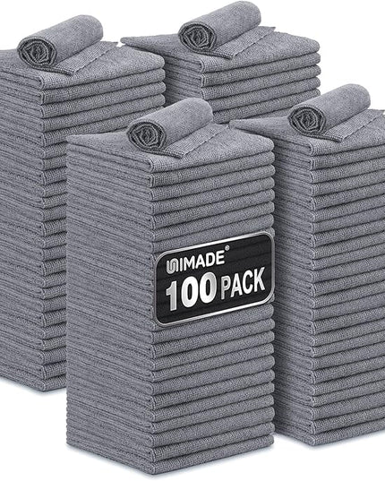 Microfiber Cleaning Cloth, 100 Pack Microfiber Towels for Cars Commercial Grade Work Rags Bulk Detailing Cloth for Automotive Bar Mechanic Restaurant Garage Housekeeping, 11.5"x 11.5", Grey
