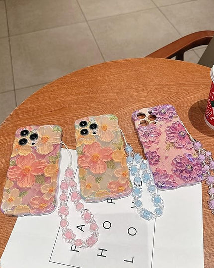 for iPhone 14 Plus Wavy Case, [Curly Protection Frame][Vintage Glossy Oil Painting Floral Print] with Lovely Bead Chain for Grils and Women (Purple)