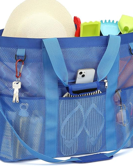 Mesh Beach Bag, Large Beach Tote with Zipper Pocket, Toys Pool Bag for Family Travel Vacation Cruise Essentials