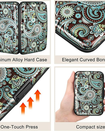 ELFISH Mini RFID Aluminum Wallet Credit Cards Holder Business Card Case Metal ID Case for Men Women (Blue flower)