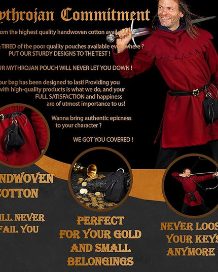 Mythrojan Medieval Pouch Renaissance Canvas Drawstring Belt Pouch Viking Cosplay Costume Accessories Jewelry Coin Purse for LARP, SCA, Historical Reenactments, Black - 5" x 3.5" x 4"