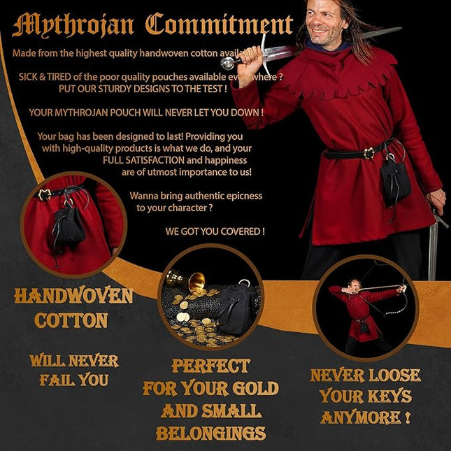 Mythrojan Medieval Pouch Renaissance Canvas Drawstring Belt Pouch Viking Cosplay Costume Accessories Jewelry Coin Purse for LARP, SCA, Historical Reenactments, Black - 5" x 3.5" x 4"