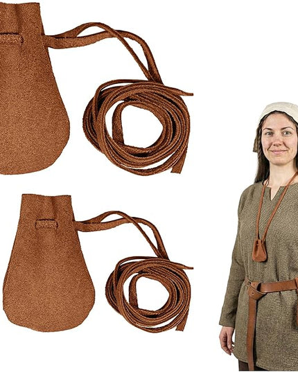 Mythrojan Small Trinket Pouches Suede Leather Drawstring Coin & Dice Bags for LARP, SCA, Viking & Medieval Events (Brown - Pack of 2)