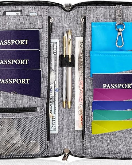 Valante Premium Family Travel Document Organizer Capacious RFID Passport Holder Wallet (Large, gray)