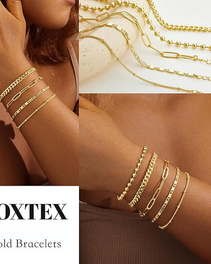 Gold Bracelets Set for Women Stack, Dainty Thick Bracelets Stack for Women Trendy, Simple Thin Gold Plated Cuff Stackable Bracelets With Beaded Cuban Paperclip Snake Rope Bangle Hand Chain Jewelry Gifts for Women Non Tainish