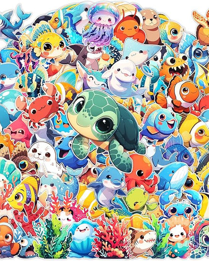 100 Pcs Cartoon Ocean Animal Stickers Pack for Kids Teens Adults,Cute Sea Life Waterproof Vinyl Decals Under The Sea Fish Turtle Stickers for Water Bottles Ocean Theme Party Favors Teacher Rewards