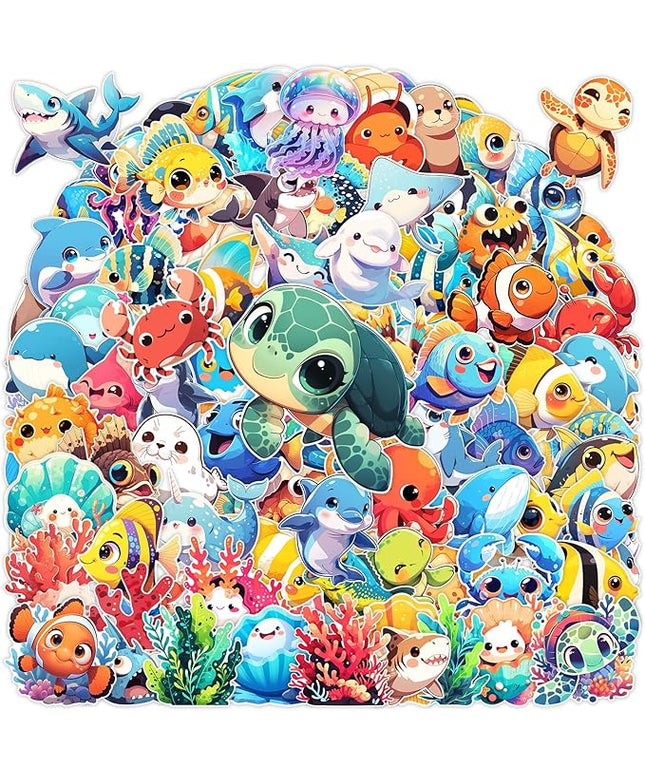100 Pcs Cartoon Ocean Animal Stickers Pack for Kids Teens Adults,Cute Sea Life Waterproof Vinyl Decals Under The Sea Fish Turtle Stickers for Water Bottles Ocean Theme Party Favors Teacher Rewards