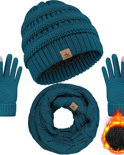 Winter Beanie Hat Scarf Gloves, Warm Fleece Knit Hats Touch Screen Gloves Neck Scarf Set Winter Gifts for Unisex Adult