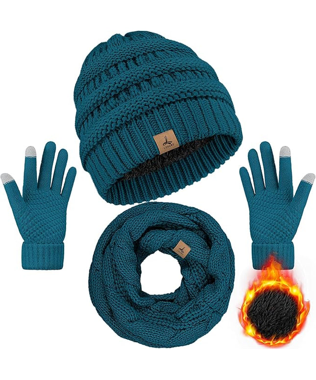 Winter Beanie Hat Scarf Gloves, Warm Fleece Knit Hats Touch Screen Gloves Neck Scarf Set Winter Gifts for Unisex Adult