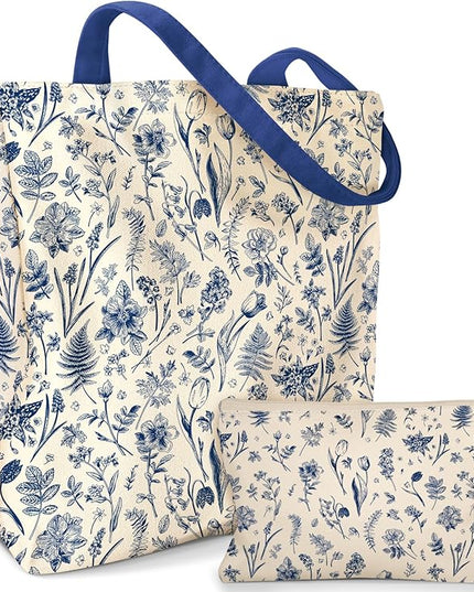Aesthetic 2 Pack Canvas Tote Bag - with Makeup Pouch Bag for Women Reusable Grocery Bag for Gym, Travel, Work