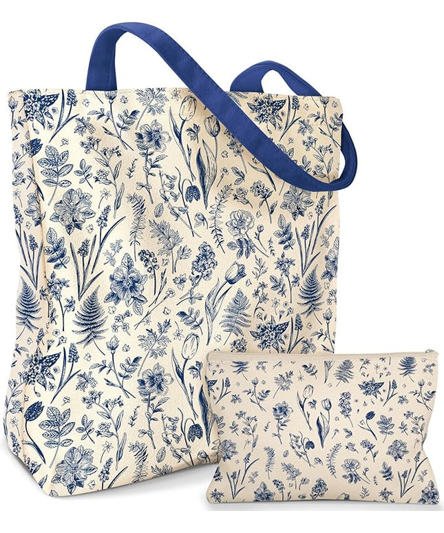 Aesthetic 2 Pack Canvas Tote Bag - with Makeup Pouch Bag for Women Reusable Grocery Bag for Gym, Travel, Work