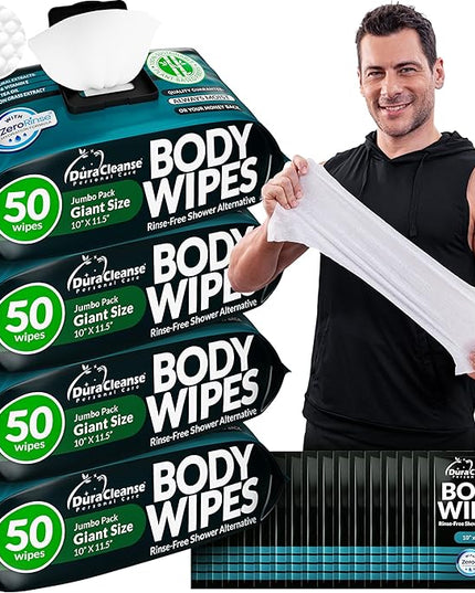 After Gym Body Wipes for Men (4pk) - 200 XL No Rinse Shower Wipes + 16 Travel Bath Sheets 10 x 11.5" - Mens Deodorant Disposable Washcloths for Bathing, Camping Essentials, Survival Gear and Supplies