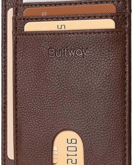 Buffway Slim Minimalist Front Pocket RFID Blocking Leather Wallets for Men and Women - Lichee Coffee