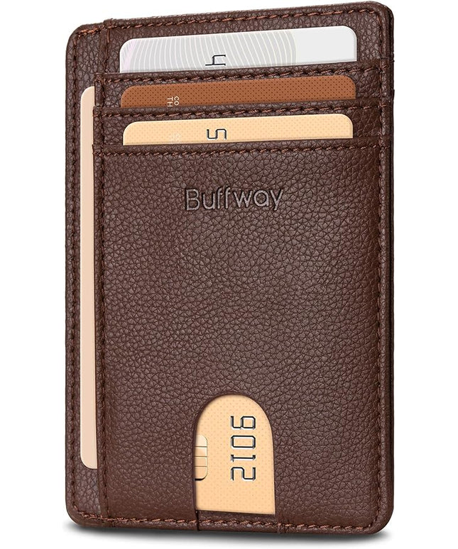 Buffway Slim Minimalist Front Pocket RFID Blocking Leather Wallets for Men and Women - Lichee Coffee