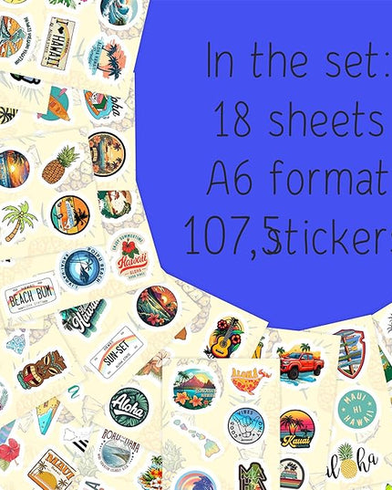 BulbaCraft 100Pcs Hawaii Stickers for Water Bottle and Laptop - Hawaiian Party Supplies & Decorations, Waterproof Vinyl Decals, State Pride and Icon Stickers, Gifts for Women & Men
