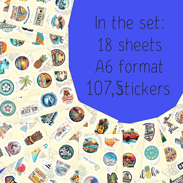BulbaCraft 100Pcs Hawaii Stickers for Water Bottle and Laptop - Hawaiian Party Supplies & Decorations, Waterproof Vinyl Decals, State Pride and Icon Stickers, Gifts for Women & Men