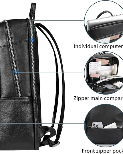 Large Black Leather Backpack for Men, Minimalist Luxury Executive Computer Backpack for Men, 17.3 Inch Genuine Leather Laptop Backpack for Travel Work Business