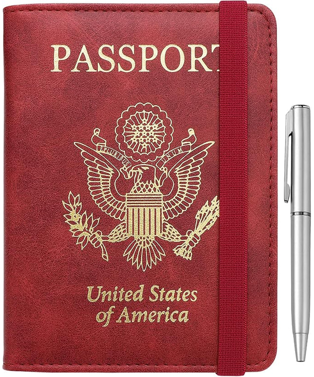 WALNEW Passport Holder for Travel, RFID Passport Cover Wallet for Women Men, PU Leather Passport Book Card Holder Case with Pen, Travelling Essentials for Flying