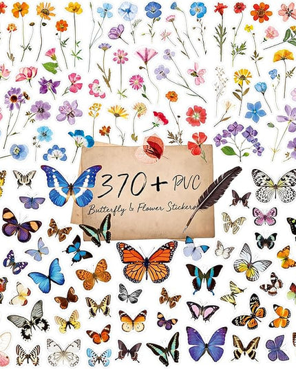 370+ PCS PVC Flower & Butterfly Stickers, Self-Adhesive Nature Floral Stickers for Scrapbook, Laptop, Journal, DIY Project, Spring Themed Party Decors