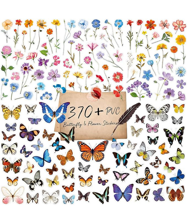 370+ PCS PVC Flower & Butterfly Stickers, Self-Adhesive Nature Floral Stickers for Scrapbook, Laptop, Journal, DIY Project, Spring Themed Party Decors