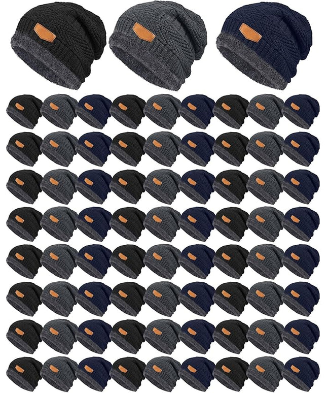Geyoga 72 Pieces Winter Knit Beanie Hats Bulk for Homeless Fleece Lined Beanie Warm Beanie Cap Winter Knit
