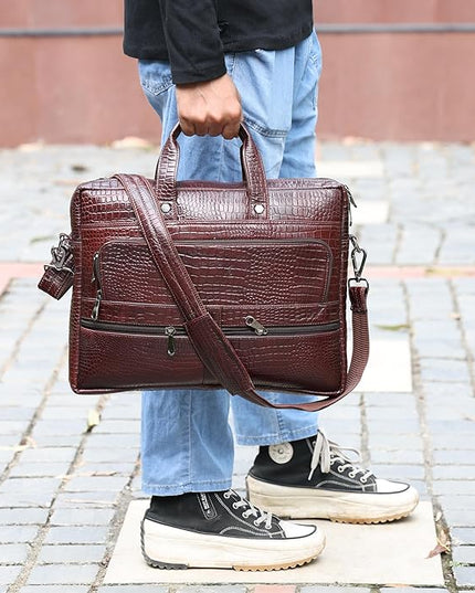 Crocodile Embossed leather bag for men, 5 Zipper Pockets with Spacious Compartments.,12 x 16 x 4 inches.