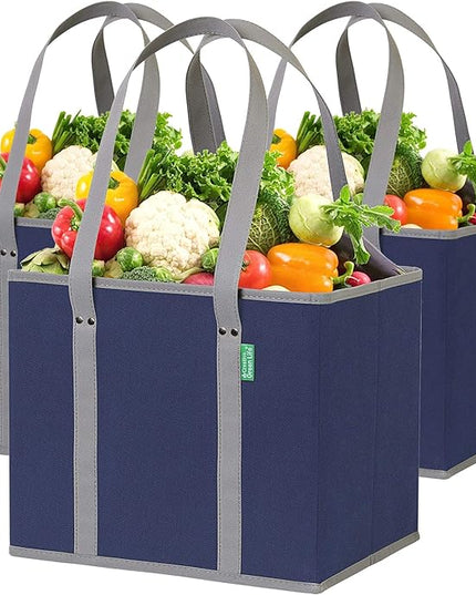 Reusable Grocery Bags (3 Pack) – Heavy Duty Reusable Shopping Bags with Box Shape to Stand Up, Stay Open, Fold Flat – Large Tote Bags are Foldable with Long Handles & Hard Bottom (Navy Blue)