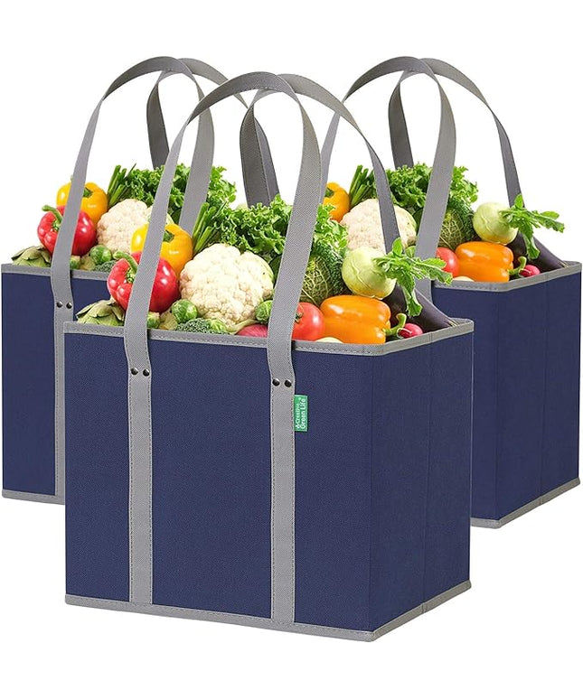 Reusable Grocery Bags (3 Pack) – Heavy Duty Reusable Shopping Bags with Box Shape to Stand Up, Stay Open, Fold Flat – Large Tote Bags are Foldable with Long Handles & Hard Bottom (Navy Blue)