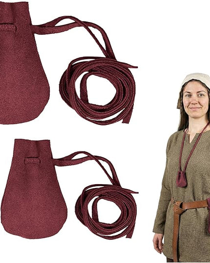 Mythrojan Small Trinket Pouches Suede Leather Drawstring Coin & Dice Bags for LARP, SCA, Viking & Medieval Events (Wine Red - Pack of 2)