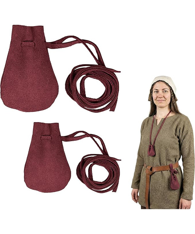 Mythrojan Small Trinket Pouches Suede Leather Drawstring Coin & Dice Bags for LARP, SCA, Viking & Medieval Events (Wine Red - Pack of 2)