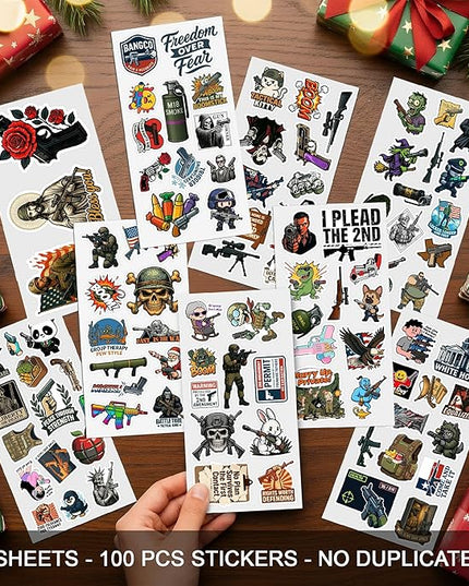 100 PCS Funny Gun Stickers Pack – Tactical Military Army Parody Vinyl Decals for Laptop, Car, Water Bottle, Scrapbook, Hard Hat – Gifts for Men, Women, Teens Birthday Christmas