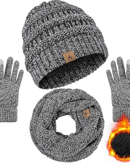 Winter Beanie Hat Scarf Gloves, Warm Fleece Knit Hats Touch Screen Gloves Neck Scarf Set Winter Gifts for Unisex Adult