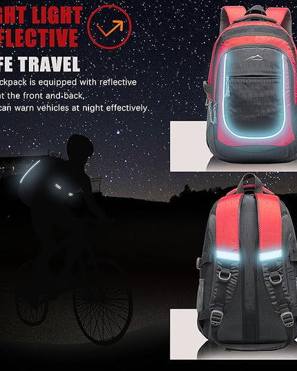 ProEtrade Backpack Bookbag for College Sturdy Travel Business Hiking Fit Laptop Up to 15.6 Inch Multi Compartment Gifts for Men Women Night Light Reflective (red)