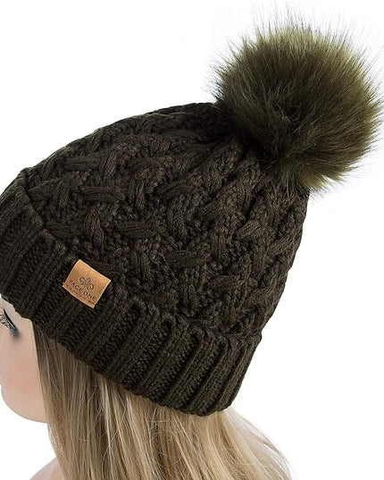 PAGE ONE Womens Winter Ribbed Beanie Crossed Cap Chunky Cable Knit Pompom Soft Warm Hat