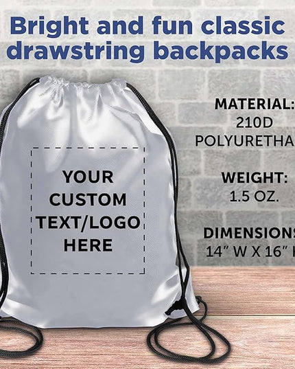DISCOUNT PROMOS Custom Classic Polyester Drawstring Bagpack Set of 10/50/100, Personalized Bulk Pack - Great for Travelling, Gym and for Everyday Use - Silver