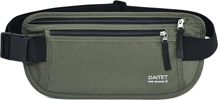 RFID Blocking Money Belt for Men Women, Slim Fanny Pack for Travel，Running,Conceal Waist Wallet for Passport Holder,Phone,Cash(Black Dark Olive Green)