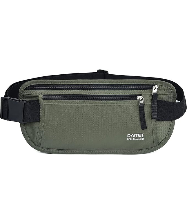 RFID Blocking Money Belt for Men Women, Slim Fanny Pack for Travel，Running,Conceal Waist Wallet for Passport Holder,Phone,Cash(Black Dark Olive Green)