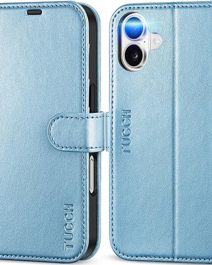 TUCCH Case Wallet for iPhone 16 5G, [RFID Blocking] 4 Card Holder Stand [Shockproof TPU Interior Case] PU Leather Magnetic Protective Flip Cover Compatible with iPhone 16, Shiny Light Blue