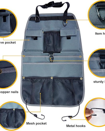 Car Seat Back Organizer with Multiple Storage Pockets, Black Mesh and Fabric, Universal Fit (grey)