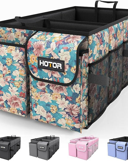 HOTOR Trunk Organizer- Car Organizer, Foldable Trunk organizer for SUVs & Sedans, Sturdy Car Organization for Car Accessories, Tools, Sundries, Blue Flower, 2 Compartments, 21.3"×12.6"×10.6"
