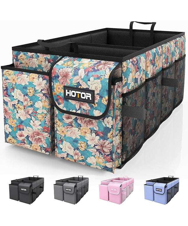 HOTOR Trunk Organizer- Car Organizer, Foldable Trunk organizer for SUVs & Sedans, Sturdy Car Organization for Car Accessories, Tools, Sundries, Blue Flower, 2 Compartments, 21.3"×12.6"×10.6"