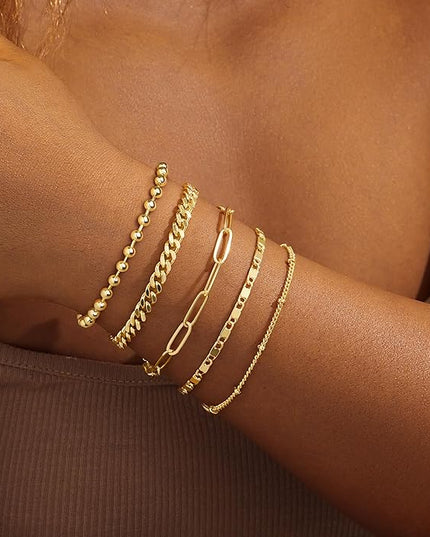 Gold Bracelets Set for Women Stack, Dainty Thick Bracelets Stack for Women Trendy, Simple Thin Gold Plated Cuff Stackable Bracelets With Beaded Cuban Paperclip Snake Rope Bangle Hand Chain Jewelry Gifts for Women Non Tainish