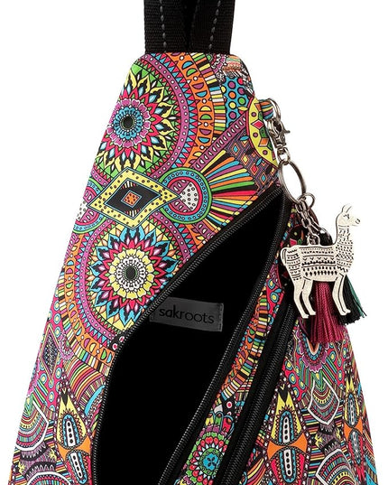 Sakroots On The Go Sling Bag for Women in Eco-Twill, Large Convertible Crossbody Backpack With Main Zipper Closer, Made From Recycled Materials - Rainbow Wanderlust