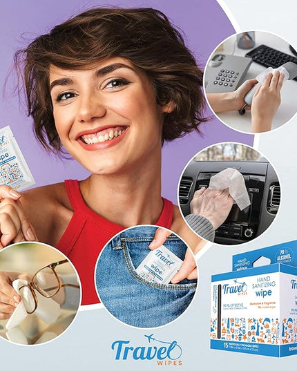 Hand Sanitizing Travel Wipes – 15ct Individually Wrapped | Fresh Citrus Scent, Moisturizing, 70% Alcohol Wipes | Travel, Home, Office, Daily Use | Made in USA