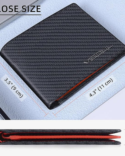 VISOUL Mens Bifold Wallet with 2 ID Windows Carbon Fiber Leather, RFID Blocking Secure Designer Billfold Wallets for Men with Two Cash Compartments (Black+Orange Red)