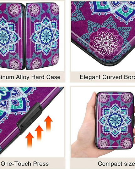 ELFISH Mini RFID Aluminum Wallet Credit Cards Holder Business Card Case Metal ID Case for Men Women (Purple flower)